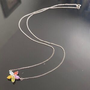 Sterling Silver Necklace with Multicolor Gem Flower Pendant